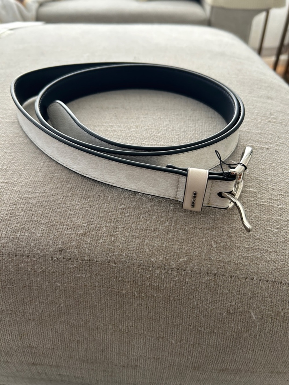 Coach White and Black Leather Belt with Silver-Tone Buckle